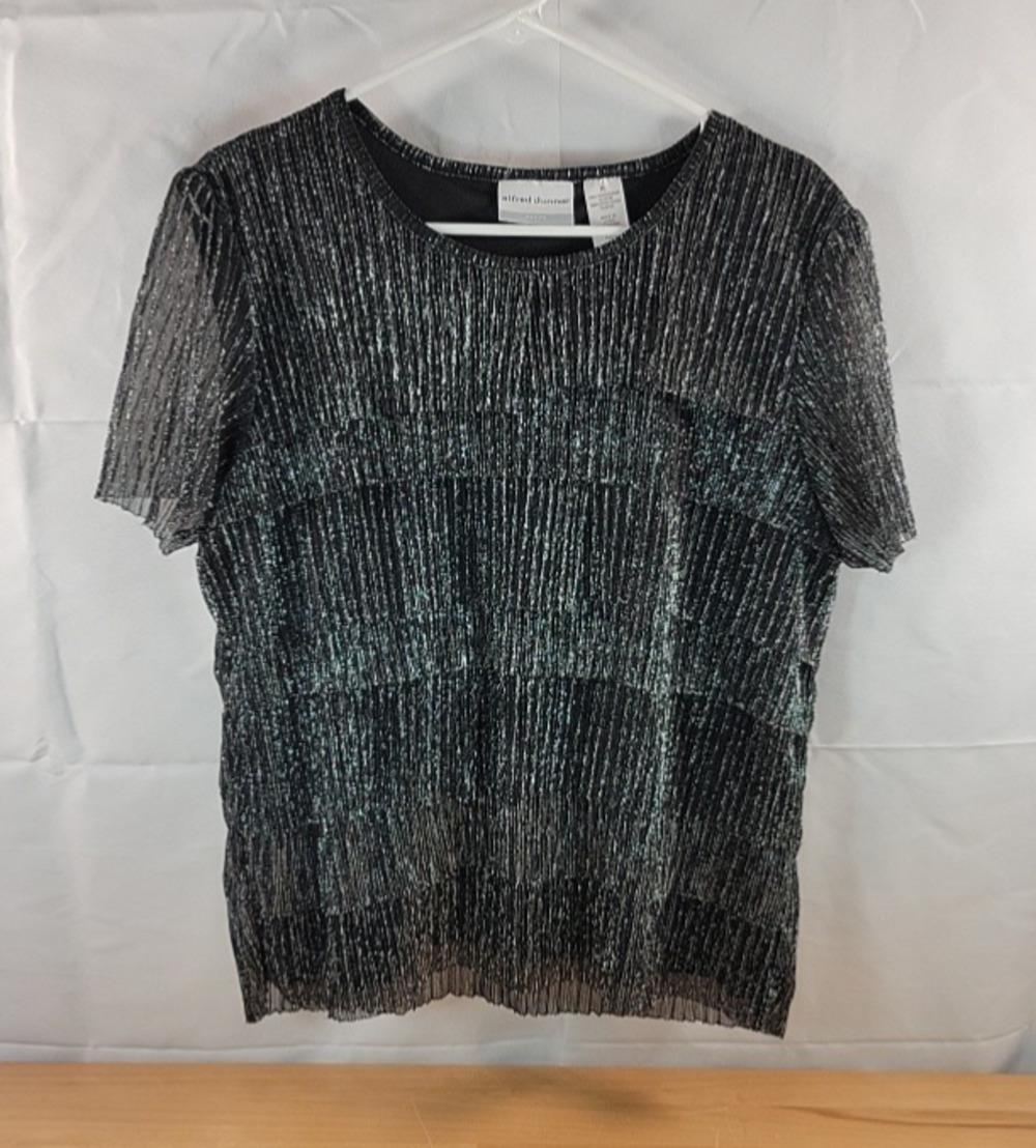 Alfred Dunner Black Sparkly Evening Blouse Petite Large Short Sleeve Layered